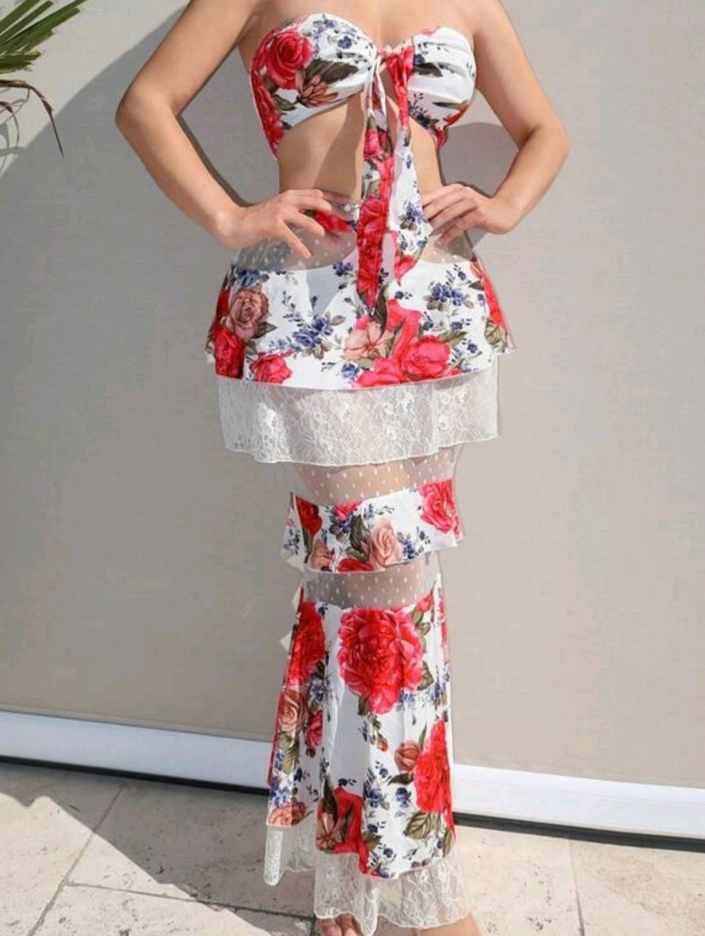 Floral Lace Two-Piece Maxi Set - White with Red Rose Print